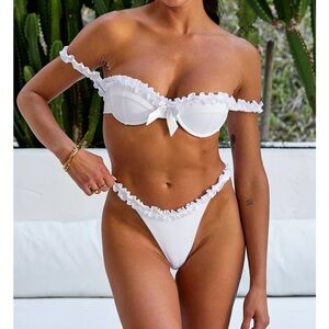 Elegant White Ruffled Off Shoulder - Bikini Top Only.